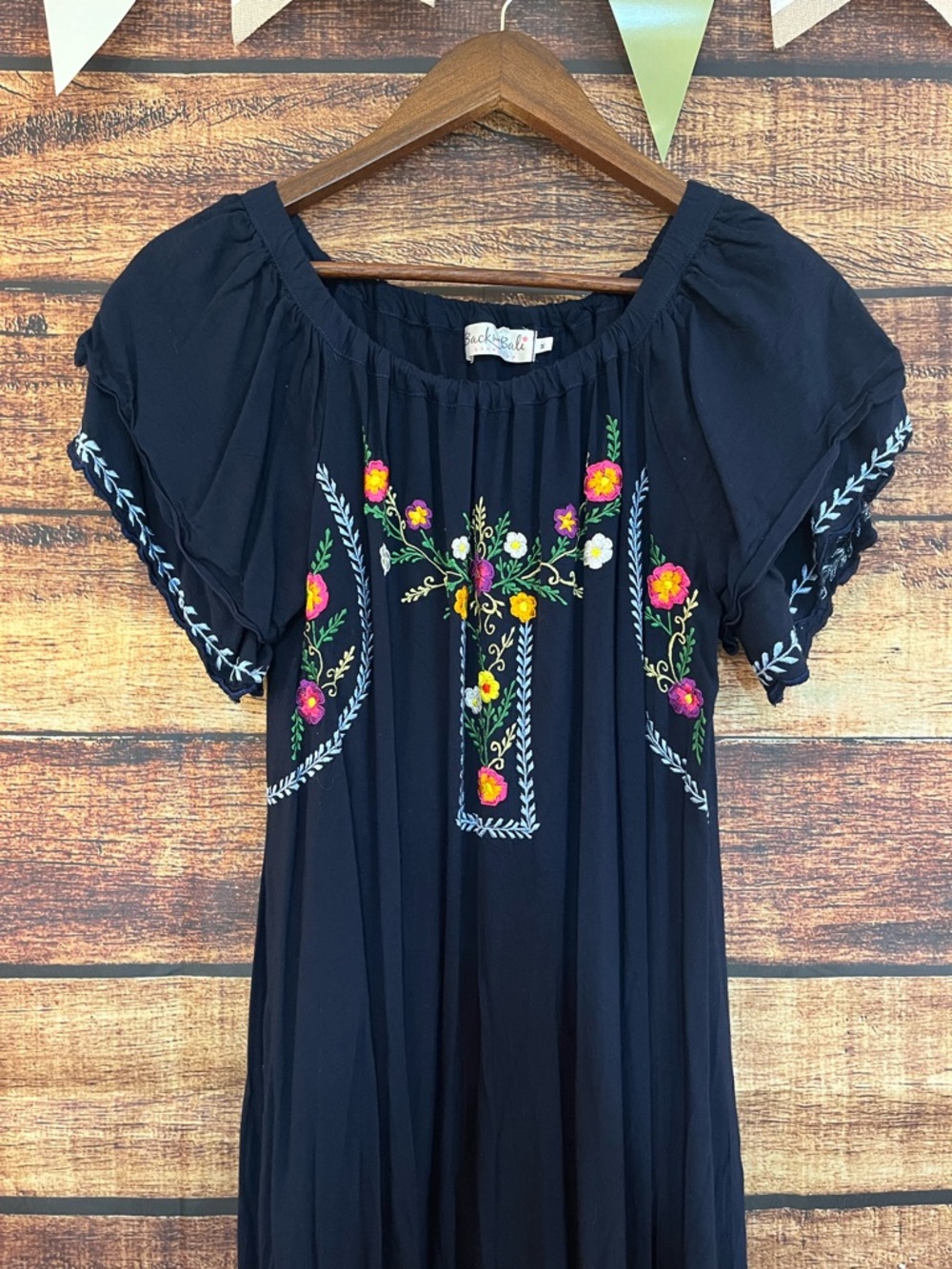 Back From Bali Traditional Mexican Off-Shoulder Navy Embroidered Maxi Dress - Picture 3 of 7